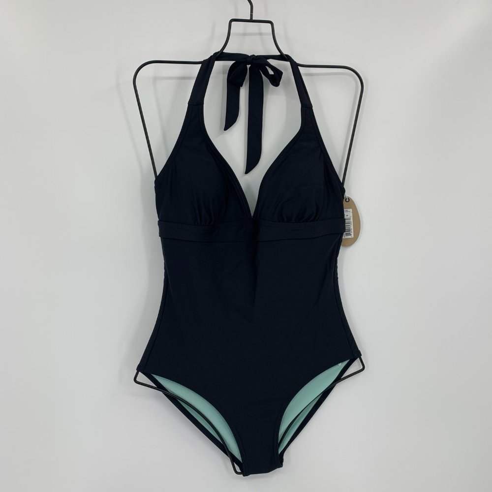 PrAna Lahari One-piece black halter swim suit tie scoop back new Small